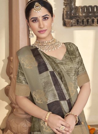 Checks and Zari Work Silk Contemporary Saree In Black and Grey Colour