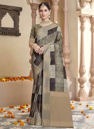 Checks and Zari Work Silk Contemporary Saree In Black and Grey Colour