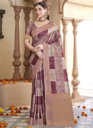 Checks and Zari Work Silk Trendy Saree In Burgundy for Ceremonial