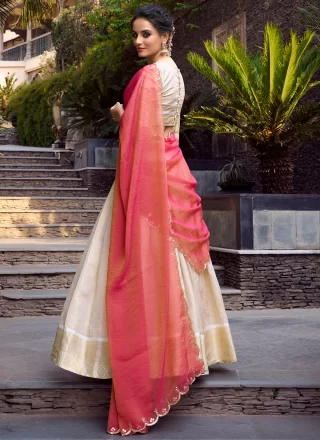Checks, Weaving and Zari Work Jacquard Lehenga Choli In Off White for Festival
