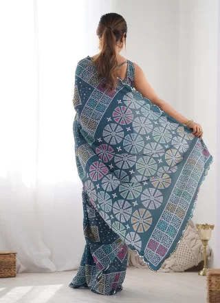 Cherubic Multi Colour Chinon Contemporary Sari with Digital Print and Mirror Work