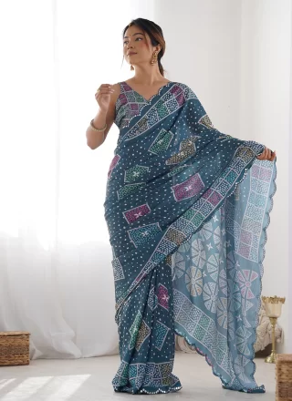 Cherubic Multi Colour Chinon Contemporary Sari with Digital Print and Mirror Work