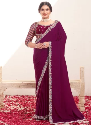 Chic Purple Crepe Silk Designer Sari