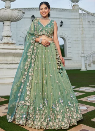 Chic Teal Tissue Readymade Lehenga Choli with Beads, Embroidered, Fancy, Sequins, Thread and Zari Work