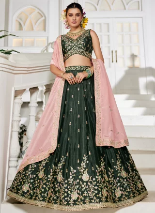 Chiffon A - Line Lehenga Choli In Green Color