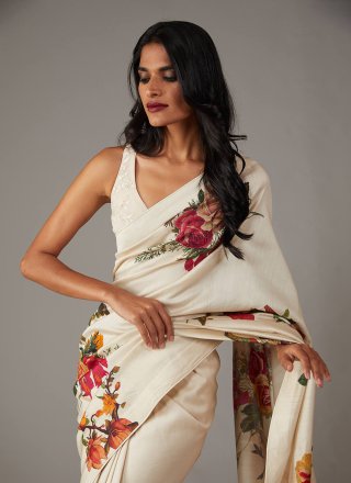 Chiffon Contemporary Sari In Off White Color
