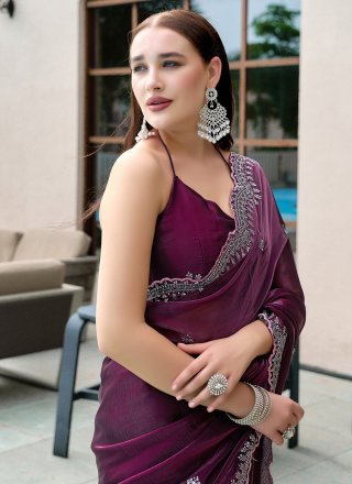 Chiffon Contemporary Sari In Wine Color