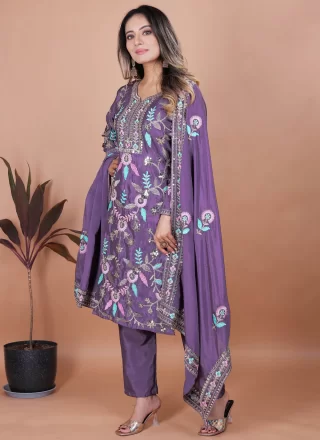 Chiffon Salwar Suit In Purple Colour