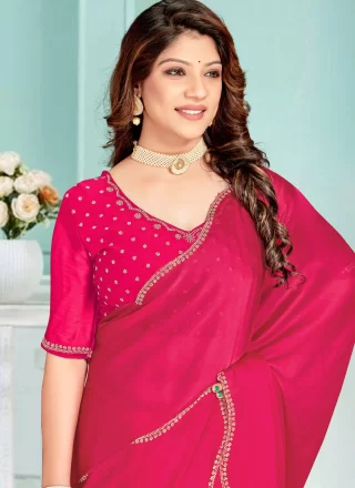 Chiffon Satin Designer Saree In Rani Color