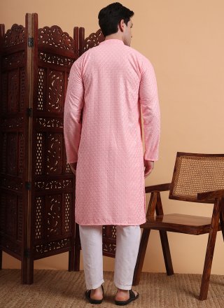 Chikankari and Embroidered Work Rayon Kurta Pyjama In Pink Color