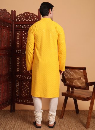 Chikankari and Embroidered Work Rayon Kurta Pyjama In Yellow Color