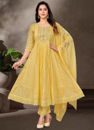 Chikankari, Embroidered and Mirror Work Cotton Pant Style Suit In Yellow Colour