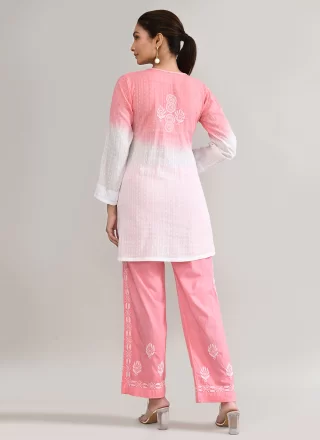 Chikankari Work Cotton Casual Kurti In Pink and White