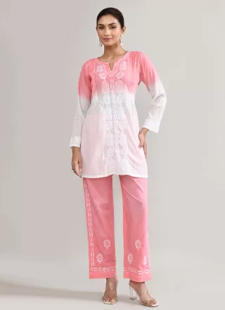Chikankari Work Cotton Casual Kurti In Pink and White