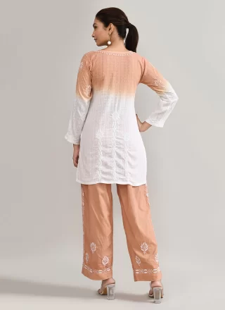 Chikankari Work Cotton Designer Kurti In Brown and White