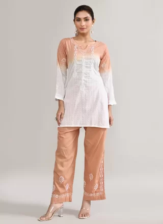 Chikankari Work Cotton Designer Kurti In Brown and White