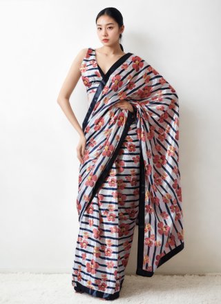 Chinon Classic Sari with Patch Border, Digital Print and Lace Work