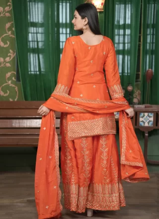 Chinon Palazzo Salwar Suit In Orange Color