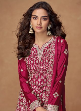 Chinon Palazzo Salwar Suit In Rani Color