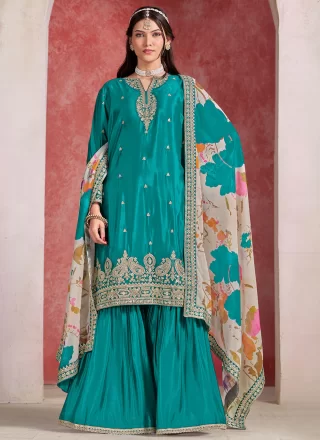 Chinon Palazzo Salwar Suit In Sea Green Colour