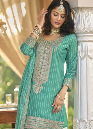 Chinon Palazzo Salwar Suit In Turquoise Color