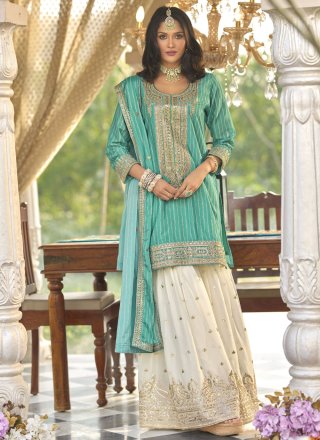 Chinon Palazzo Salwar Suit In Turquoise Color