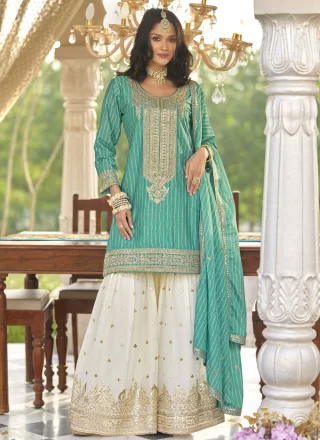 Chinon Palazzo Salwar Suit In Turquoise Color