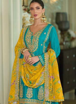 Chinon Palazzo Salwar Suit with Embroidered, Khatli, Sequins and Zari Work