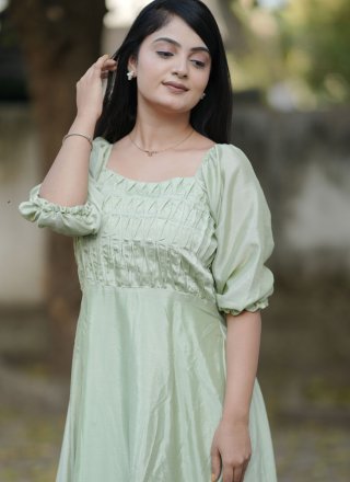 Chinon Party Wear Kurti In Green Color