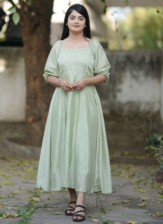 Chinon Party Wear Kurti In Green Color