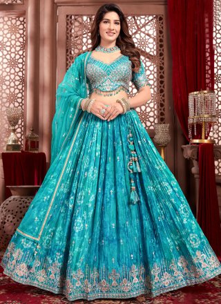Chinon Readymade Lehenga Choli In Firozi Color