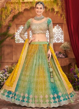 Chinon Readymade Lehenga Choli with Embroidered, Print, Sequins and Zari Work
