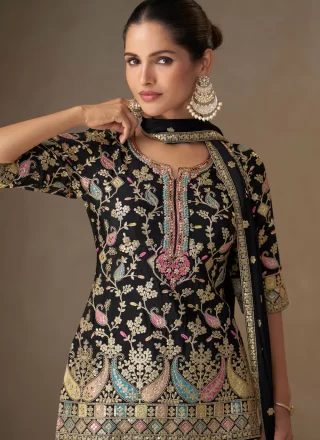 Chinon Readymade Salwar Suit In Black Color