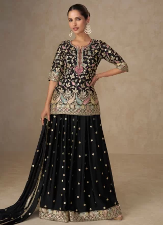 Chinon Readymade Salwar Suit In Black Color