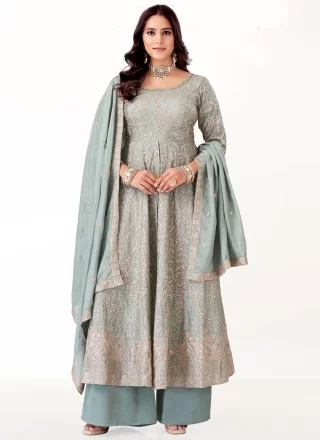 Chinon Readymade Salwar Suit In Blue and Grey Colour