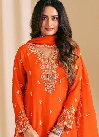 Chinon Readymade Salwar Suit In Orange