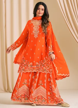 Chinon Readymade Salwar Suit In Orange
