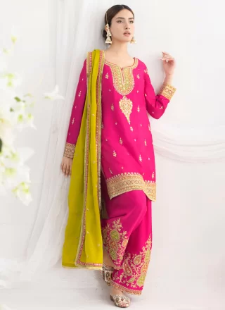 Chinon Readymade Salwar Suit In Rani Colour
