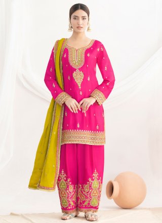 Chinon Readymade Salwar Suit In Rani Colour