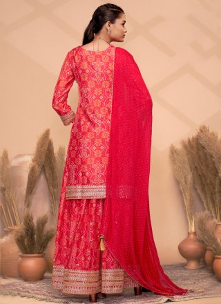 Chinon Readymade Salwar Suit In Rani and Red Colour