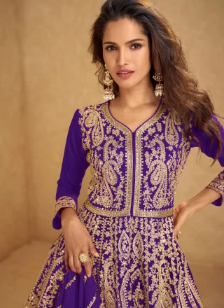 Chinon Readymade Salwar Suit In Violet Color