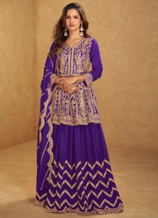 Chinon Readymade Salwar Suit In Violet Color