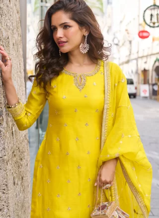 Chinon Readymade Salwar Suit In Yellow Color