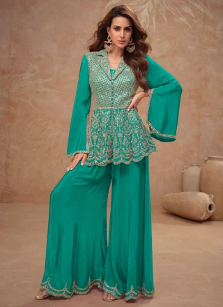 Chinon Readymade Salwar Suit with Embroidered, Stone, Thread and Zari Work