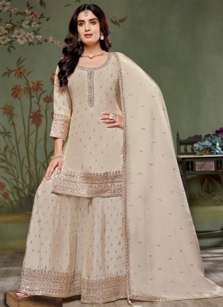 Chinon Salwar Suit In Beige Color