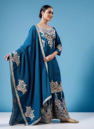 Chinon Salwar Suit In Teal Color