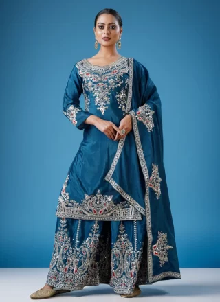 Chinon Salwar Suit In Teal Color
