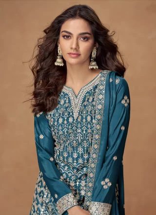 Chinon Salwar Suit In Teal Color