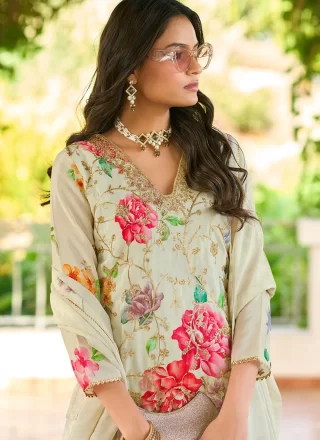 Chinon Salwar Suit with Embroidered, Fancy, Floral Patch and Zari Work