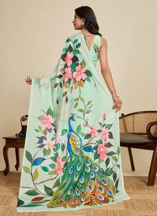 Chinon Trendy Saree In Sea Green